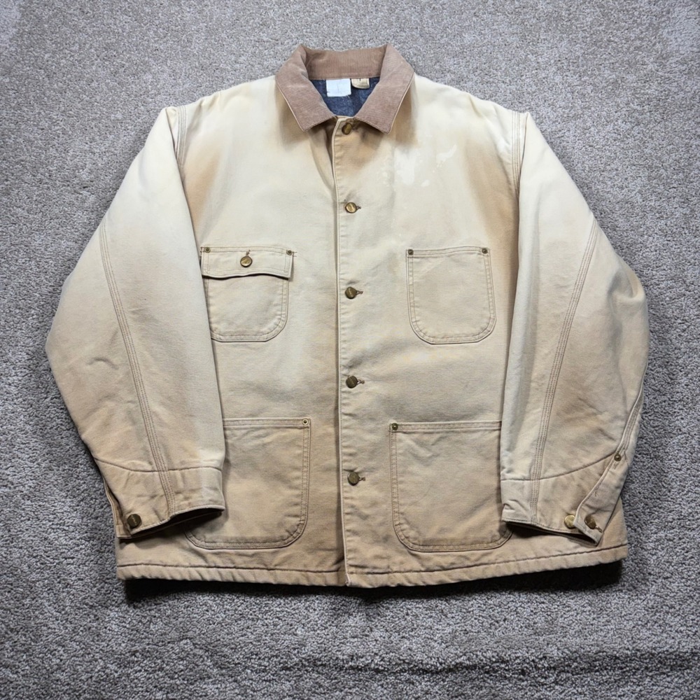 Carhartt Chore Jacket USA Made Blanket Lined Tan Duck Canvas Distressed Mens XL